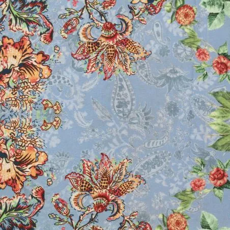 Tissus couture polyester bleu imprimé fleuri