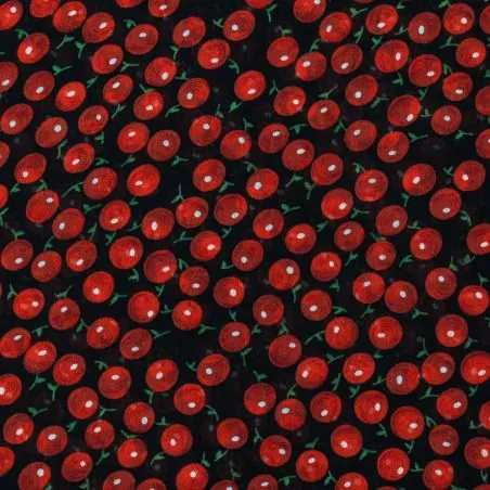 Tissus mousseline polyester noir imprimé fleurs rouge