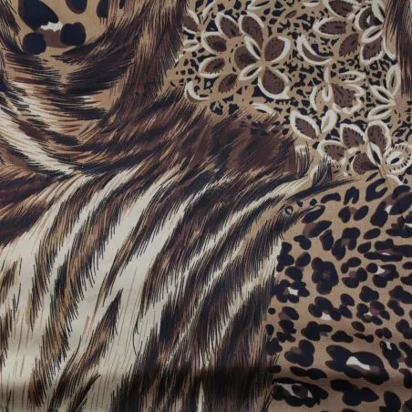 Tissus satin polyester beige imprimé léopard et fleuri