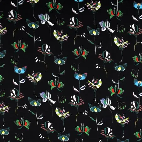 Tissus satin polyester noir imprimé fleuri Tissus satin polyester noir imprimé fleuri