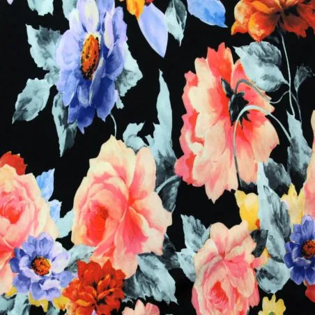 Tissu jersey polyester noir imprimé fleuri Tissu jersey polyester noir imprimé fleuri