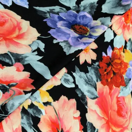 Tissu jersey polyester noir imprimé fleuri Tissu jersey polyester noir imprimé fleuri