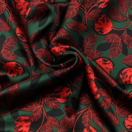 Tissu satin de soie vert bouteille imprimé fleuri rouge - Made in Italy