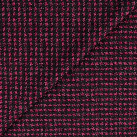 Tissus couture polyester noir imprimé pied de poule fuchsia
