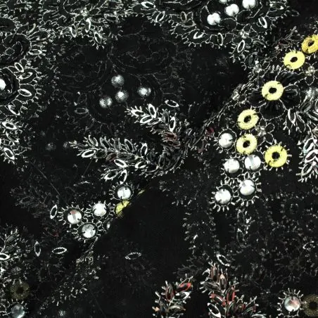 Tissus dentelle perlée fleuri noir Tissus dentelle perlée fleuri noir