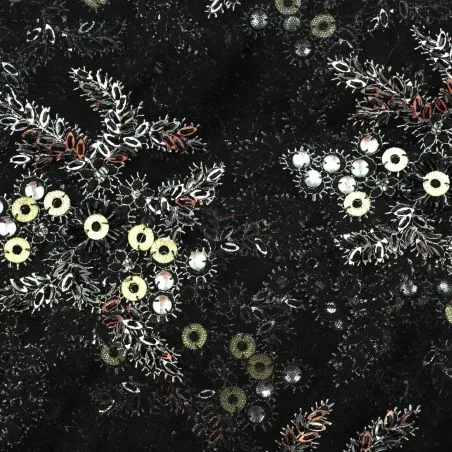 Tissus dentelle perlée fleuri noir Tissus dentelle perlée fleuri noir