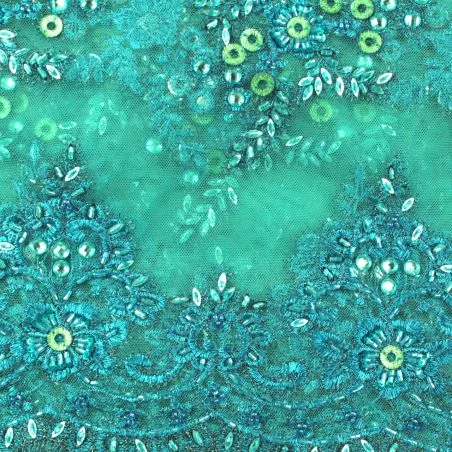 Tissus dentelle perlée fleuri bleu turquoise Tissus dentelle perlée fleuri bleu turquoise