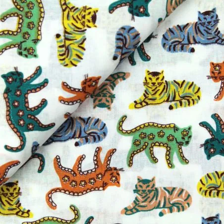 Tissu coton blanc imprimé chat Tissu coton blanc imprimé chat