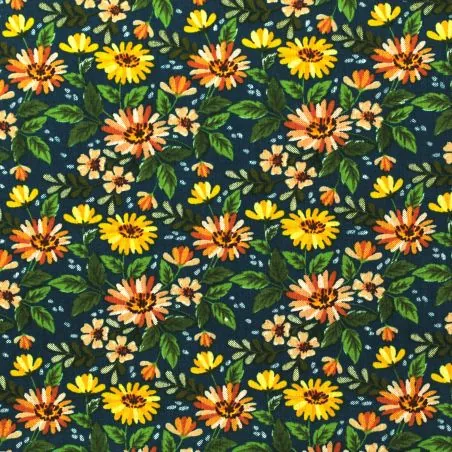 Tissu coton bleu imprimé fleuri multicolore Tissu coton bleu imprimé fleuri multicolore
