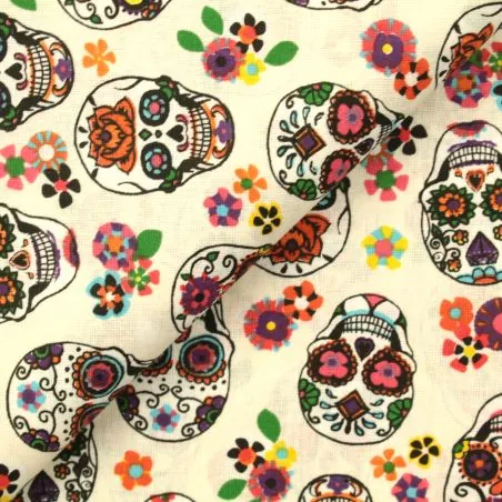 Tissu coton blanc imprimé tête de mort fleuri mexicain Tissu coton blanc imprimé tête de mort fleuri mexicain
