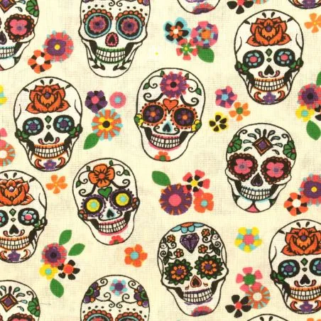 Tissu coton blanc imprimé tête de mort fleuri mexicain Tissu coton blanc imprimé tête de mort fleuri mexicain