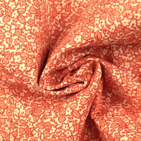 Tissu coton blanc imprimé fleuri corail Tissu coton blanc imprimé fleuri corail