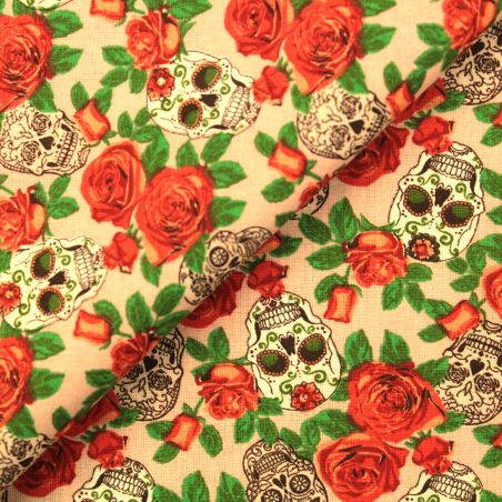 Tissu coton rouge et vert imprimé tête de mort fleuri mexicain Tissu coton rouge et vert imprimé tête de mort fleuri mexicain