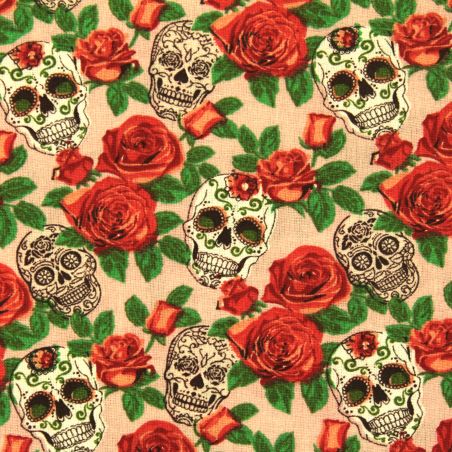 Tissu coton rouge et vert imprimé tête de mort fleuri mexicain Tissu coton rouge et vert imprimé tête de mort fleuri mexicain