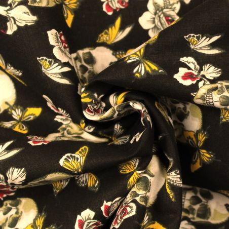 Tissu coton noir imprimé tête de mort fleuri mexicain Tissu coton noir imprimé tête de mort fleuri mexicain