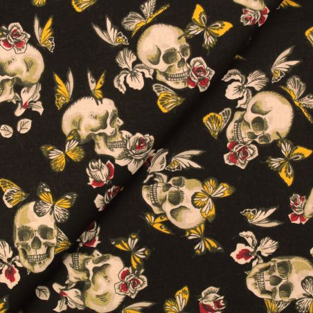 Tissu coton noir imprimé tête de mort fleuri mexicain Tissu coton noir imprimé tête de mort fleuri mexicain