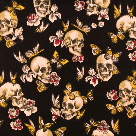 Tissu coton noir imprimé tête de mort fleuri mexicain Tissu coton noir imprimé tête de mort fleuri mexicain
