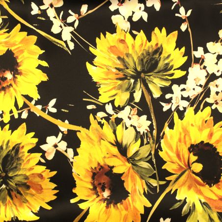Tissu en satin de soie noir imprimé fleuri jaune Tissu en satin de soie noir imprimé fleuri jaune