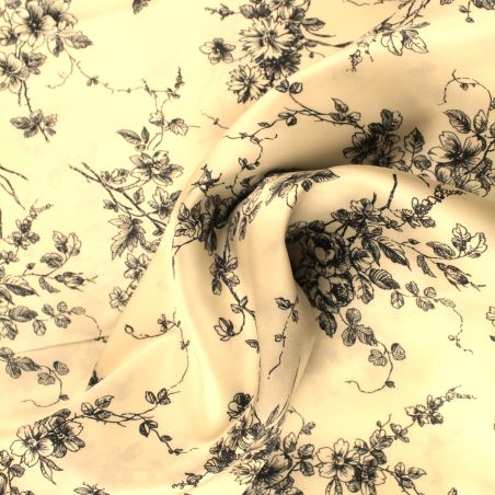Tissu Satin Blanc à Impression Florale - Toucher Soie Tissu Satin Blanc à Impression Florale - Toucher Soie
