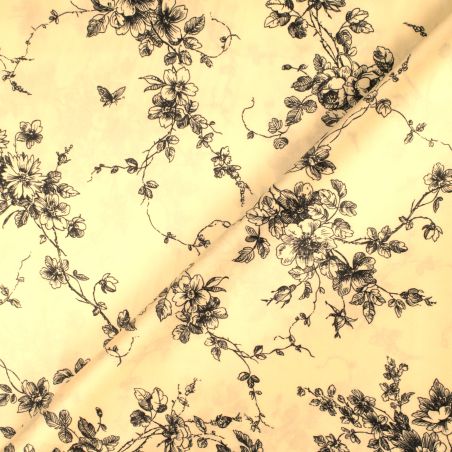 Tissu Satin Blanc à Impression Florale - Toucher Soie Tissu Satin Blanc à Impression Florale - Toucher Soie
