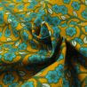 Tissu en Coton Jaune Moutarde à Motifs Floraux Bleus et Feuilles Blanches Tissu en Coton Jaune Moutarde à Motifs Floraux Bleus et Feuilles Blanches