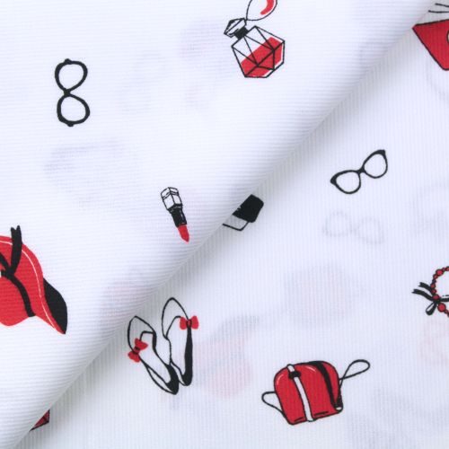 Tissu coton milleraies motif accessoires féminins mode rouge et noir Tissu coton milleraies motif accessoires féminins mode rouge et noir