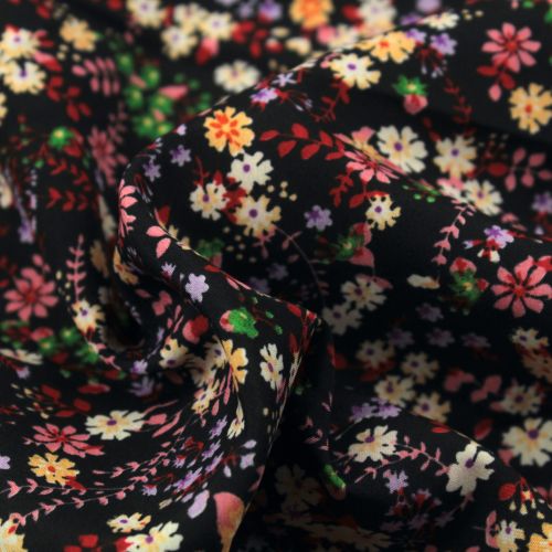 Tissu polyester noir à imprimé fleuri multicolore Tissu polyester noir à imprimé fleuri multicolore