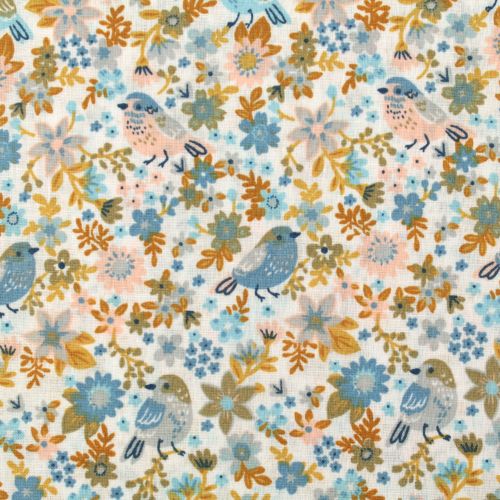 Tissu en Coton Blanc à Imprimé Floral et Oiseaux – Poésie et Légèreté Tissu en Coton Blanc à Imprimé Floral et Oiseaux – Poésie et Légèreté